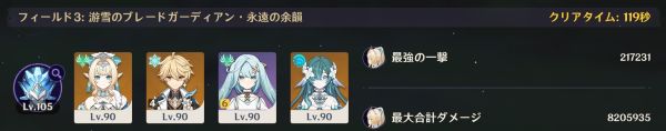 游雪のブレードガーディアン戦のクリアパーティ画面